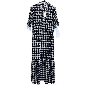 NWT Kensie Dresses Houndstooth High Neck Button Up Ruffle Dress Womens M…